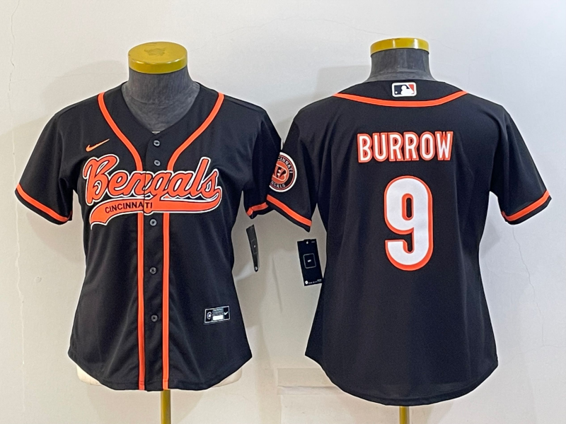 Women's Cincinnati Bengals #9 Joe Burrow Black With Patch Cool Base Stitched Baseball Jersey(Run Small)